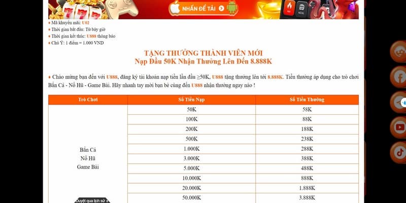 Khuyến mãi U888 thưởng nạp đầu siêu hot